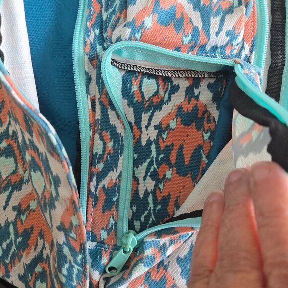 Kavu Rope Sling Bag Canvas Coral & Turquoise Ikat Print Adjustable Strap Pockets - Picture 7 of 8